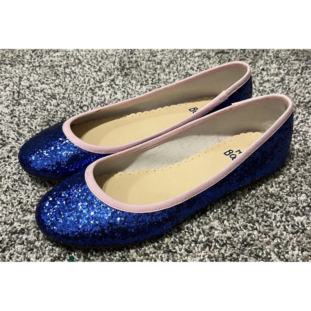 Mini Boden Shoes Girls Size 6.5 Blue Glitter Ballet Flats Pink‎ Trim Party